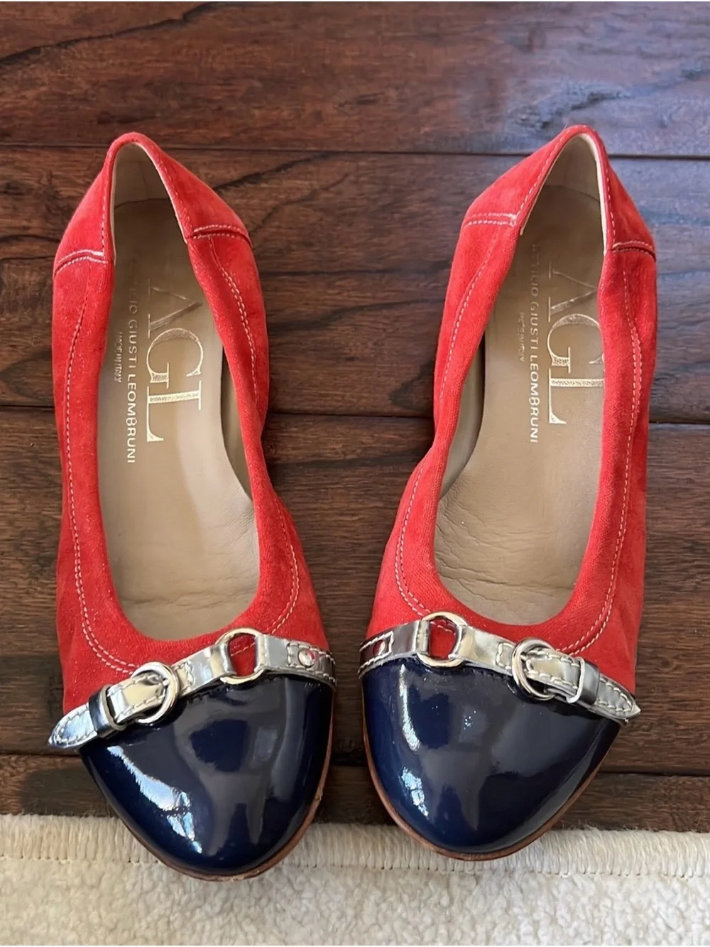 AGL Red Suede Flats with Navy Patent Cap-Toe and Silver Accent.